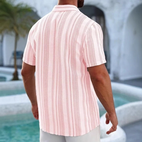 Men Casual Short Sleeve Shirt Striped Plaid Patchwork Lapel Button Down Summer Beach Vacation Breathable Slim Fit Mens Top