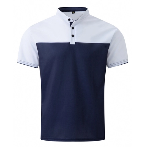 Men Color Block Stand Collar Polo Shirt Short Sleeve Henley Neck Breathable Streetwear Casual Summer Top Street Trendy