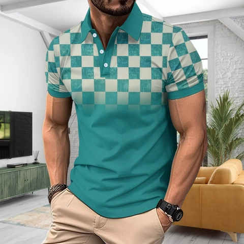 Men Summer Casual Patchwork Checkerboard Gradient Short Sleeve Polo Shirt Slim Fit Breathable Streetwear Fashion Top