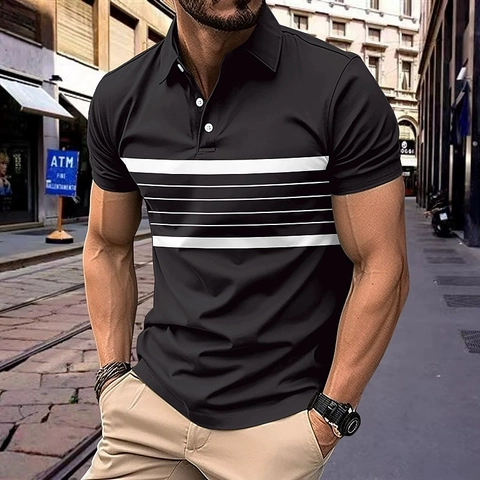 Polo à Manches Courtes pour Hommes Rayé Col à Revers Décontracté Sportif Respirant Polyester Été Streetwear Color Block Polo Homme