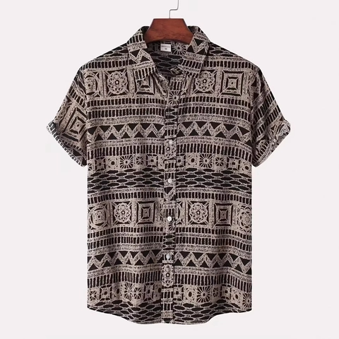 Heren Etnisch Geometrisch Geprint Korte Mouw Overhemd Vintage Omslagkraag Zomer Strand Casual Mode Resort Top