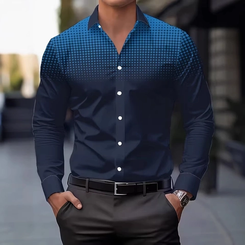 Men's Long Sleeve Button Down Shirt Polyester Digital Print Polka Dot Plaid Geometric Western Ethnic Style Casual Tops