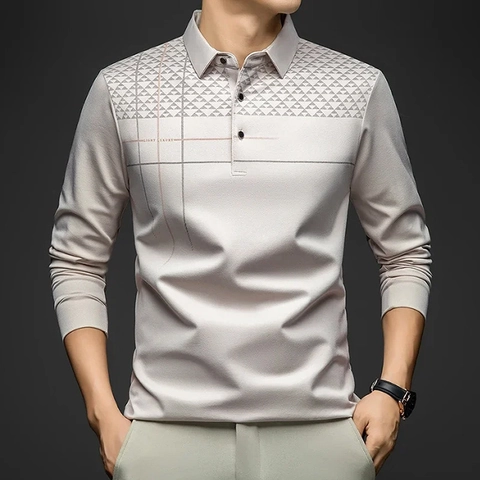 Herren Business Casual Langarm Polo Shirt Geometrisches Schachbrettmuster Slim Fit Bequeme Polyestermischung Top Mode Bekleidung