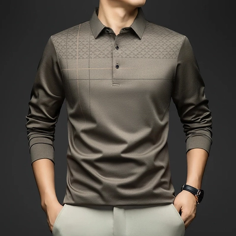 Herren Business Casual Langarm Polo Shirt Geometrisches Schachbrettmuster Slim Fit Bequeme Polyestermischung Top Mode Bekleidung