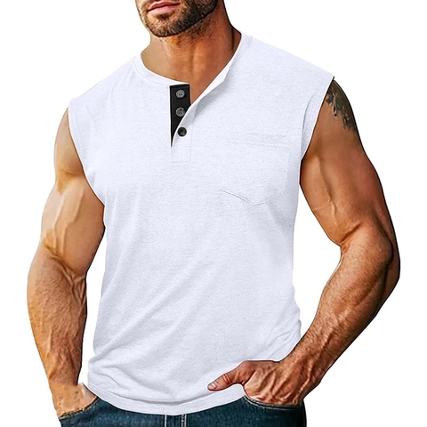 Camicia Henley da Uomo senza Maniche Tasca sul Petto Casual Slim Fit 3 Bottoni Bordo a Contrasto Canotta in Misto Cotone