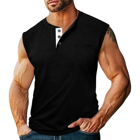 Camicia Henley da Uomo senza Maniche Tasca sul Petto Casual Slim Fit 3 Bottoni Bordo a Contrasto Canotta in Misto Cotone