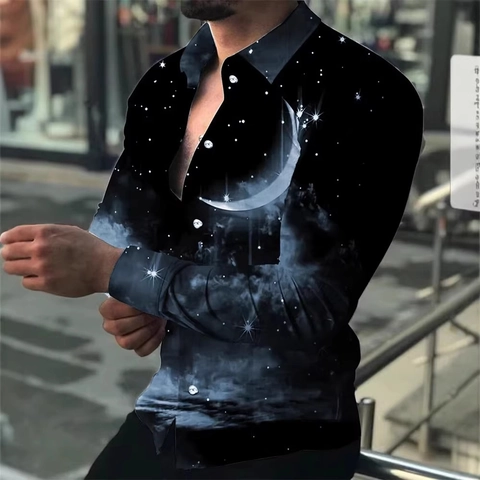 Camisa Casual de Manga Larga para Hombre Impresión Digital 3D Solapa Botones Poliéster Corte Ajustado Cuadros Galaxia Top