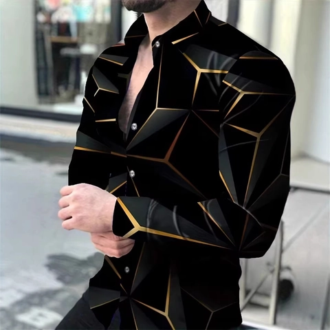 Camisa Casual de Manga Larga para Hombre Impresión Digital 3D Solapa Botones Poliéster Corte Ajustado Cuadros Galaxia Top