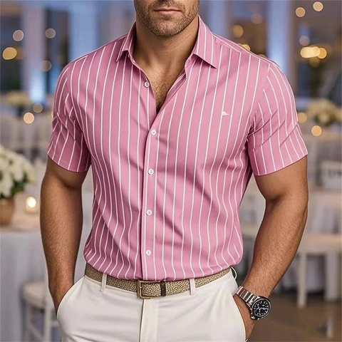 Camicia a Maniche Corte a Righe da Uomo Slim Fit Colletto a Punta Casual Moda Poliestere a Righe Verticali Top Estivi