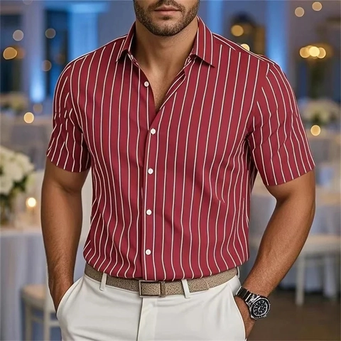 Camicia a Maniche Corte a Righe da Uomo Slim Fit Colletto a Punta Casual Moda Poliestere a Righe Verticali Top Estivi