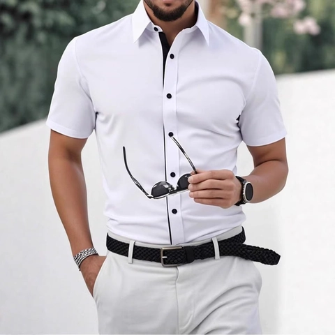 Men's Casual Short Sleeve Shirt Contrast Color Turn-Down Collar Regular Fit Summer Fashion Business Top Daily Wear