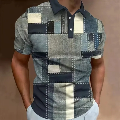 Polo Décontracté à Manches Courtes pour Hommes Imprimé Patchwork en Jean Numérique 3D Rétro Hip Hop Été Respirant