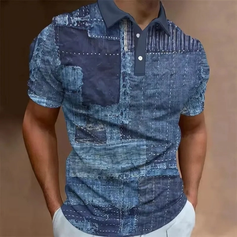 Polo Décontracté à Manches Courtes pour Hommes Imprimé Patchwork en Jean Numérique 3D Rétro Hip Hop Été Respirant