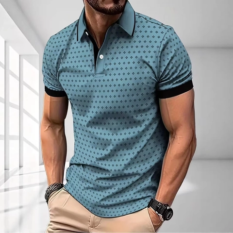 Herren Business Casual Kurzarm Polohemd Geometrischer Druck Atmungsaktiv Kontrastbesatz Top Für Sommer Streetwear Mode
