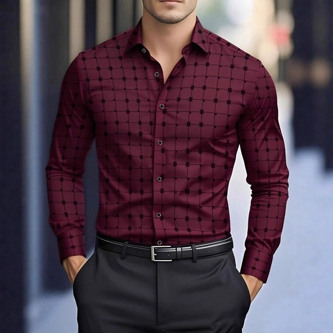 Camisa Casual de Negocios para Hombre Estampado de Rejilla Geométrica Manga Larga Cuello Solapa Slim Fit Top Primavera