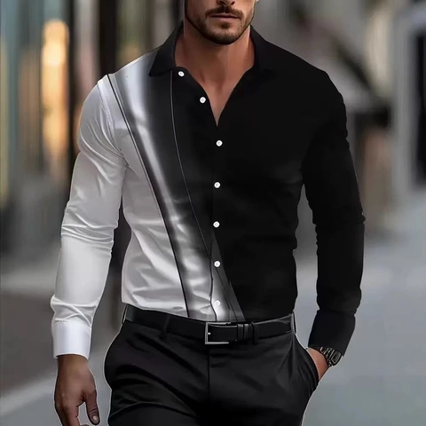 Men Fashion 3D Digital Print Patchwork Shirt Long Sleeve Turn-down Collar Slim Fit Casual Contrast Color Polyester Tops