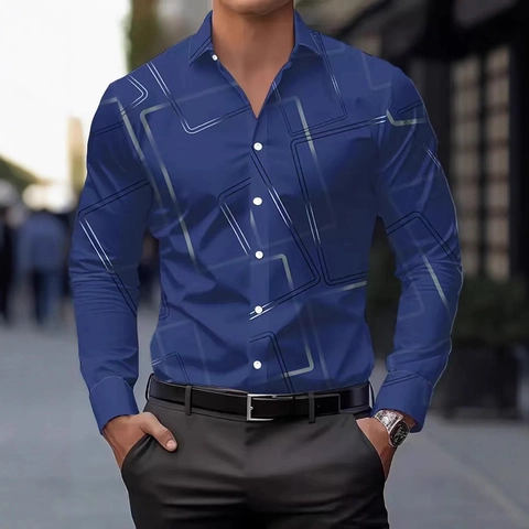Herren Business Casual Langarm Hemd Digital Geometrischer Druck Slim Fit Revers Knopfleiste Polyester Top Für Frühling Herbst