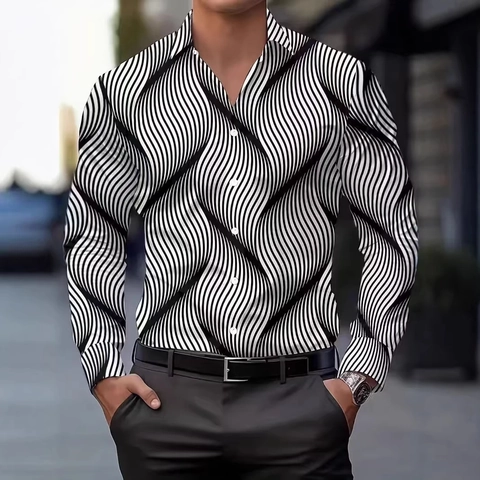 Herren Casual Langarm Hemd 3D Digital Wellenstreifen Druck Slim Fit Revers Geknöpft Mode Geometrisch Top Für Männer