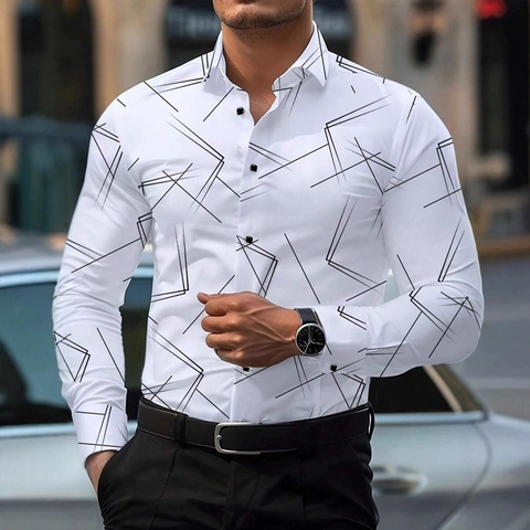 Heren Mode Casual Overhemd Lange Mouw Geometrische Lijnen Vierkant Digitaal Printen Revers Knopen Modern Kantoorhemd