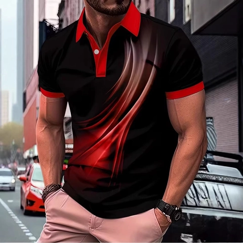 Men Casual Short Sleeve Polo Shirt Abstract Flow Print Contrast Collar Breathable Streetwear Athletic Fashion Polo Top