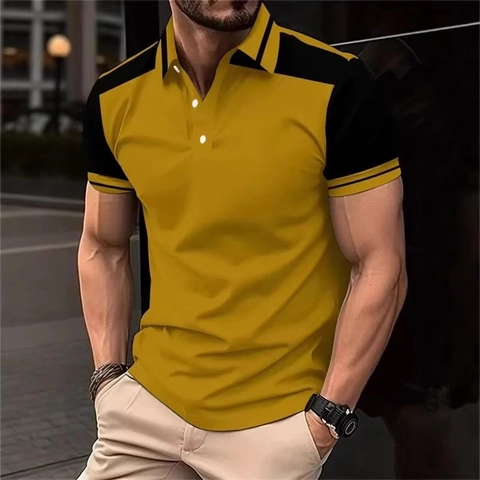 Herren Casual Slim Fit Kurzarm Polo Hemd Farbblock Patchwork Atmungsaktiv Sportlich Revers Top Kontrastfarben Design Wear