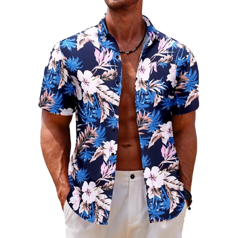 Men Casual Hawaiian Short Sleeve Shirt Tropical Floral Palm Leaves Print Button Up Beach Vacation Lapel Top For Summer