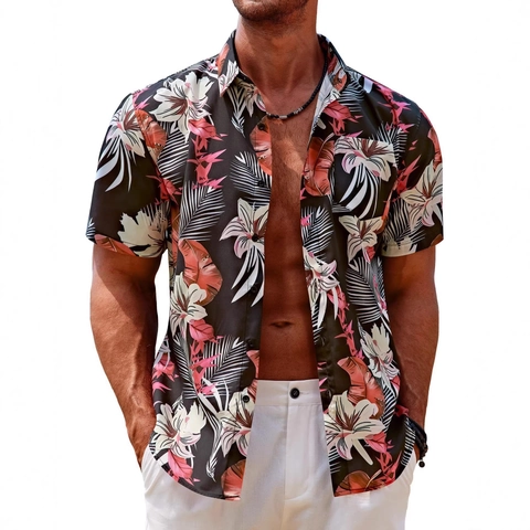 Men Casual Hawaiian Short Sleeve Shirt Tropical Floral Palm Leaves Print Button Up Beach Vacation Lapel Top For Summer