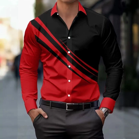 Camicia Casual da Uomo a Manica Lunga Moda Stampa Digitale 3D Rever Bottoni Geometrico Paisley Taglio Aderente