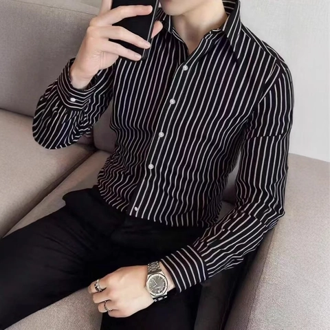 Camisa de Manga Larga con Rayas Verticales Slim Fit para Hombre Estilo Británico Casual de Negocios Impresión Digital con Cuello de Solapa