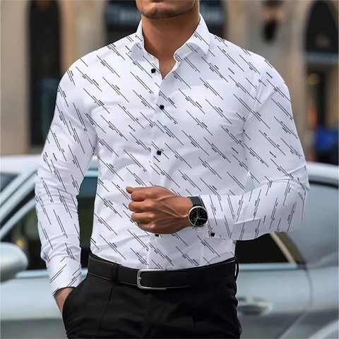 Men's Long Sleeve Casual Shirt Slim Fit Geometric Dotted Line Print Turndown Collar Button Up Tops Polyester Business Shirt