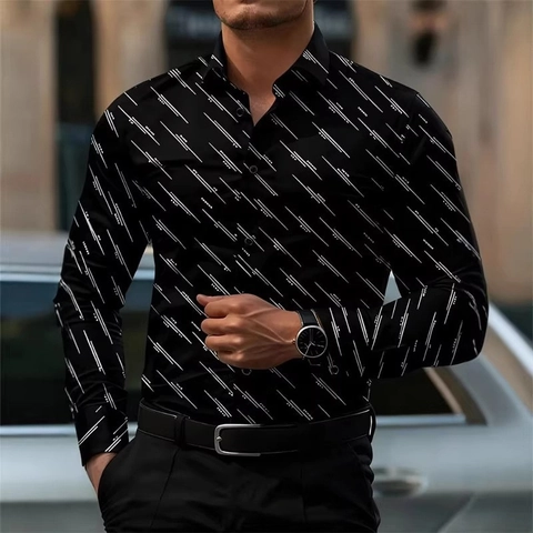Men's Long Sleeve Casual Shirt Slim Fit Geometric Dotted Line Print Turndown Collar Button Up Tops Polyester Business Shirt