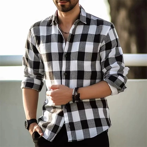 Herren Casual Langarm Kariertes Hemd Buffalo Check Button Down Top 3D Digitaldruck Mode Britischer Stil Hemd Für Männer