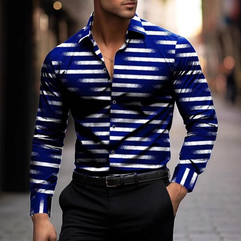 Herren Mode Casual Langarm Hemd Distressed Streifen 3D Digitaldruck Revers Knöpfe Slim Fit Polyester Top