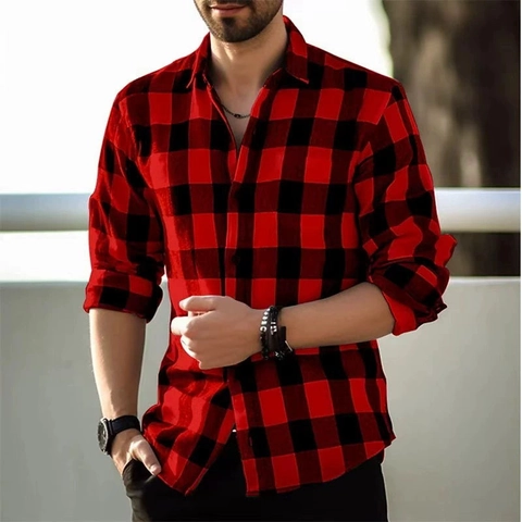 Herren Casual Langarm Kariertes Hemd Buffalo Check Button Down Top 3D Digitaldruck Mode Britischer Stil Hemd Für Männer