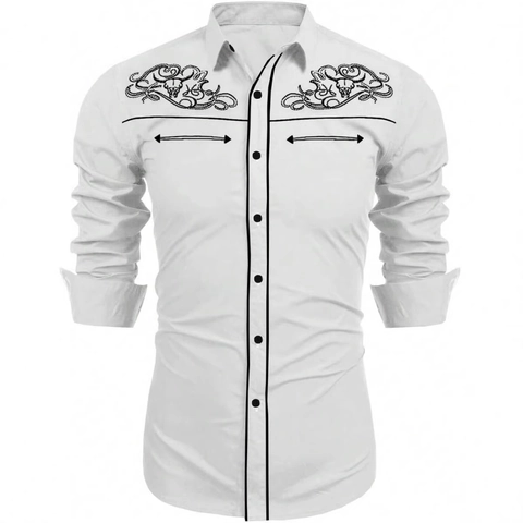 Camisa de Manga Larga Estilo Western Para Hombre Con Bordado Ribete En Contraste Ajustada Vaquera Informal