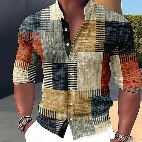 Men Slim Fit Casual Shirt Geometric Plaid Print Stand Collar Long Sleeve Button Up Top For Daily Vacation Party