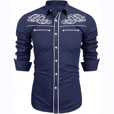 Camisa de Manga Larga Estilo Western Para Hombre Con Bordado Ribete En Contraste Ajustada Vaquera Informal