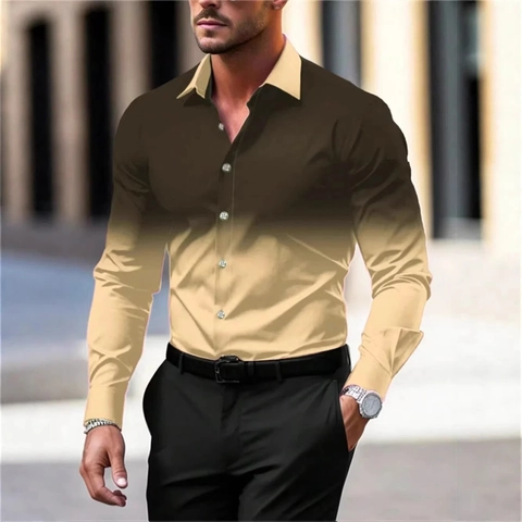Fashion Men's Long Sleeve Shirt Gradient Color Ombre Slim Fit Digital Print Button Down Casual Top Stylish Male Shirts