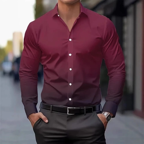 Men's Casual Long Sleeve Shirt Fashion Gradient Color Digital Print Slim Fit Button Down Standard Collar Men Shirt Top