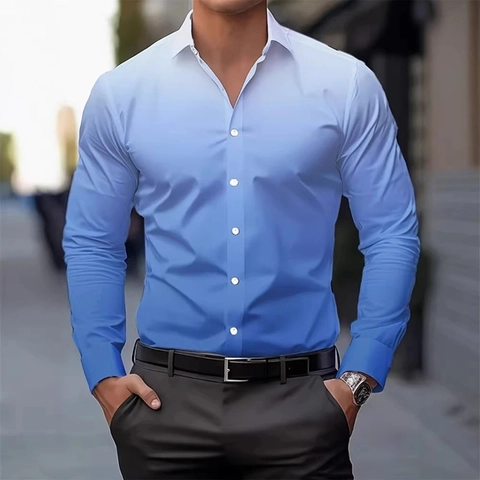 Men's Casual Long Sleeve Shirt Fashion Gradient Color Digital Print Slim Fit Button Down Standard Collar Men Shirt Top