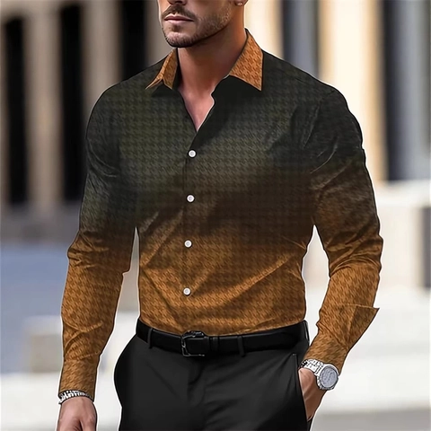 Men's Gradient Houndstooth Print Long Sleeve Shirt Casual Lapel Collar Slim Fit Digital Printing Fashion Urban Male Tops