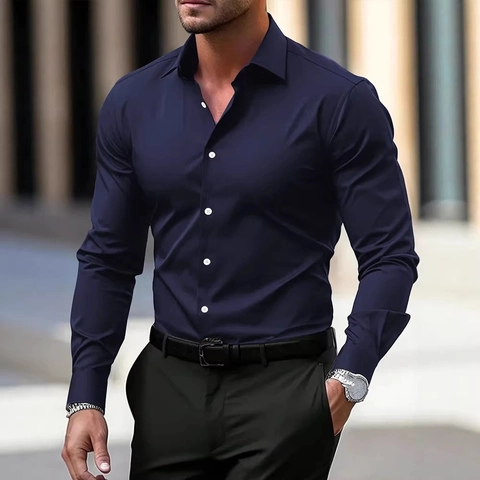 Heren Business Casual Slim Fit Overhemd Lange Mouwen Formeel Effen Kleur Button Down Ademend Zacht Voor Werk Kantoor Dagelijks