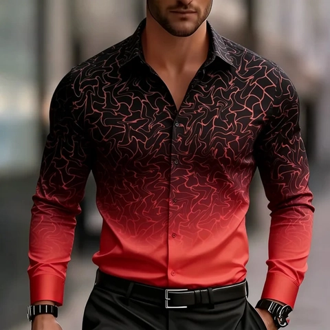 Men's Long Sleeve Shirt 3D Digital Gradient Print Abstract Marble Pattern Fashion Casual Slim Fit Button Down Tops