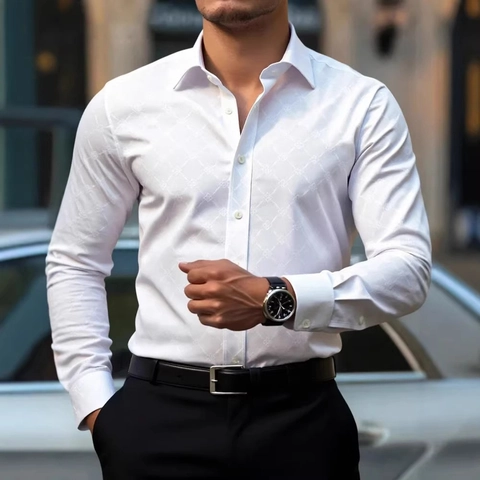 Camisa de Manga Larga Casual de Negocios para Hombre Patrón Jacquard Geométrico Cuello Mao Ajustada Top Satén de Poliéster
