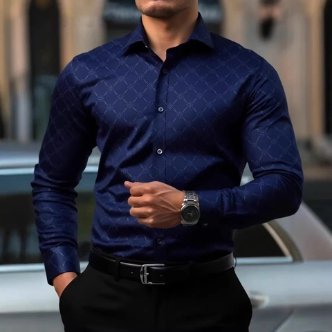 Heren Slim Fit Contrastkraag Overhemd met Lange Mouwen Zakelijk Casual Stretch Bedrukt Mode Knoopsluiting Top