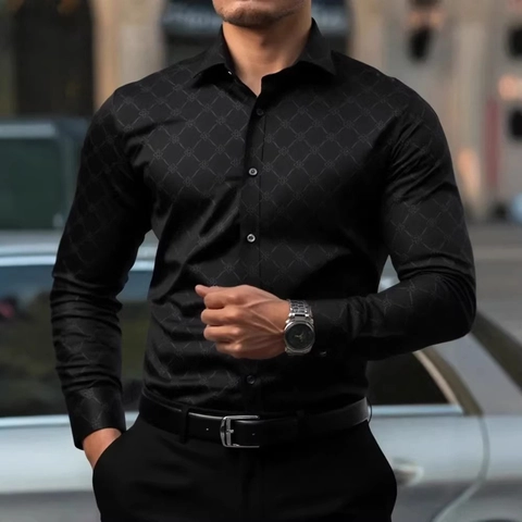 Heren Slim Fit Contrastkraag Overhemd met Lange Mouwen Zakelijk Casual Stretch Bedrukt Mode Knoopsluiting Top