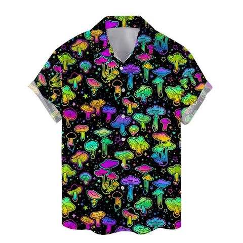 Men's Casual Short Sleeve Button Down Shirt 3D Mushroom Print Hawaiian Beach Shirt 4-Way Stretch Polyester Holiday Top