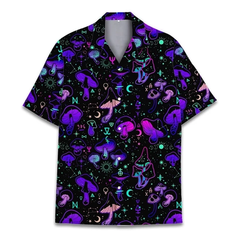 Men's Casual Short Sleeve Button Down Shirt 3D Mushroom Print Hawaiian Beach Shirt 4-Way Stretch Polyester Holiday Top