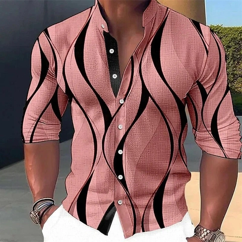 Heren Retro Lange Mouwen Casual Overhemd Mandarin Kraag Golfpatroon Digitale Bedrukking Ademend Top met Knopen Voor Outdoor Vakantie