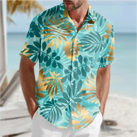 Herren Tropen Print Kurzarm Hemd Polyester Slim Fit Strandurlaub Button Down Lässig Floral Grafik Revershemd